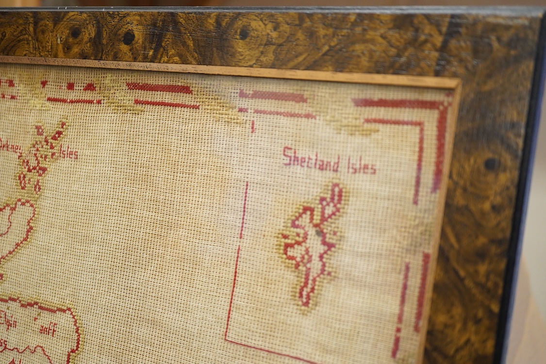 A 19th century red and green cross stitch sampler of The British Isles, by Mary Tyler aged 12 years. 65cm high x 52cm wide